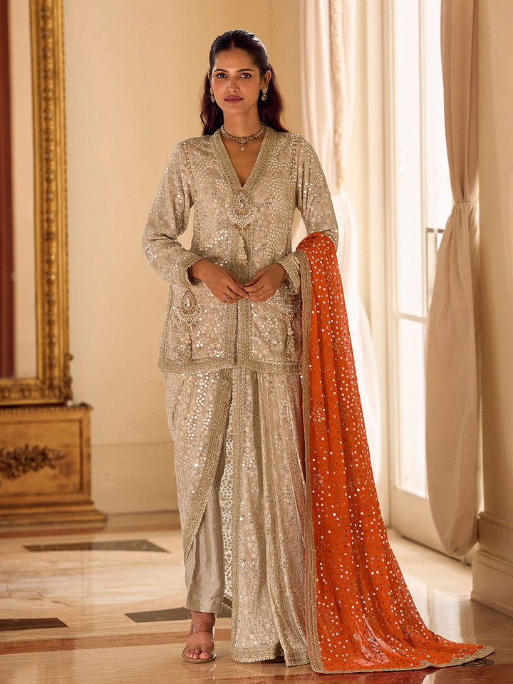 Beige Embroidered Georgette Kurta Dhoti Dupatta