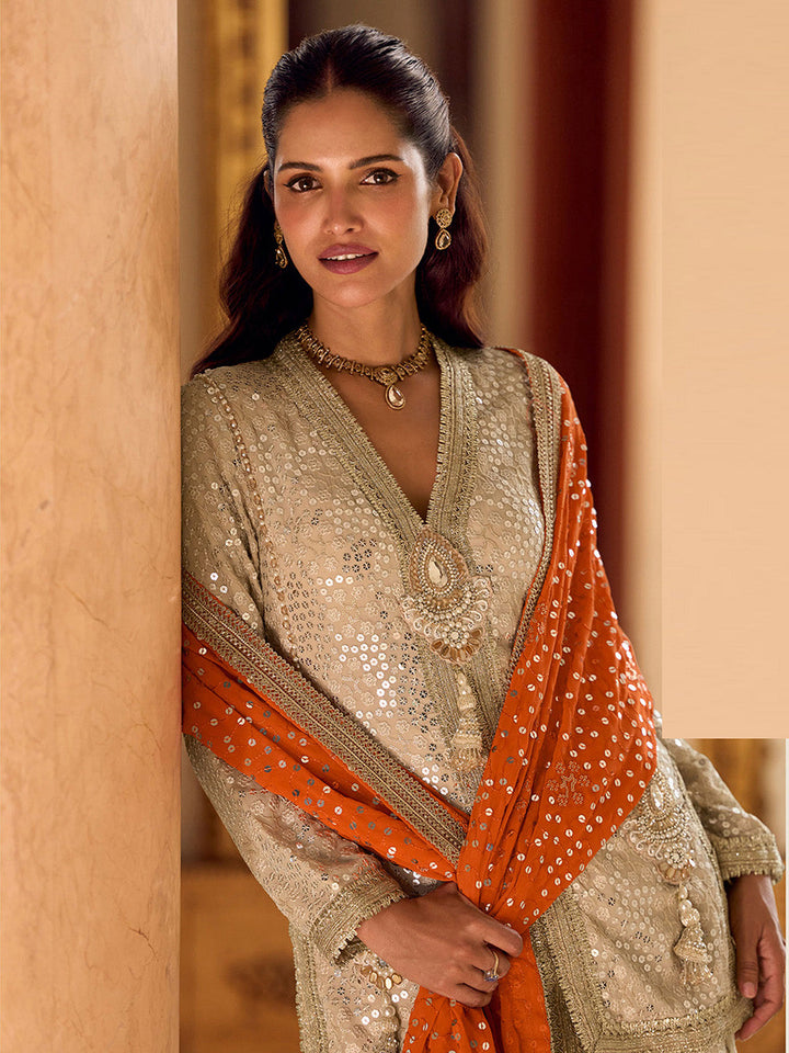 Beige Embroidered Georgette Kurta Dhoti Dupatta