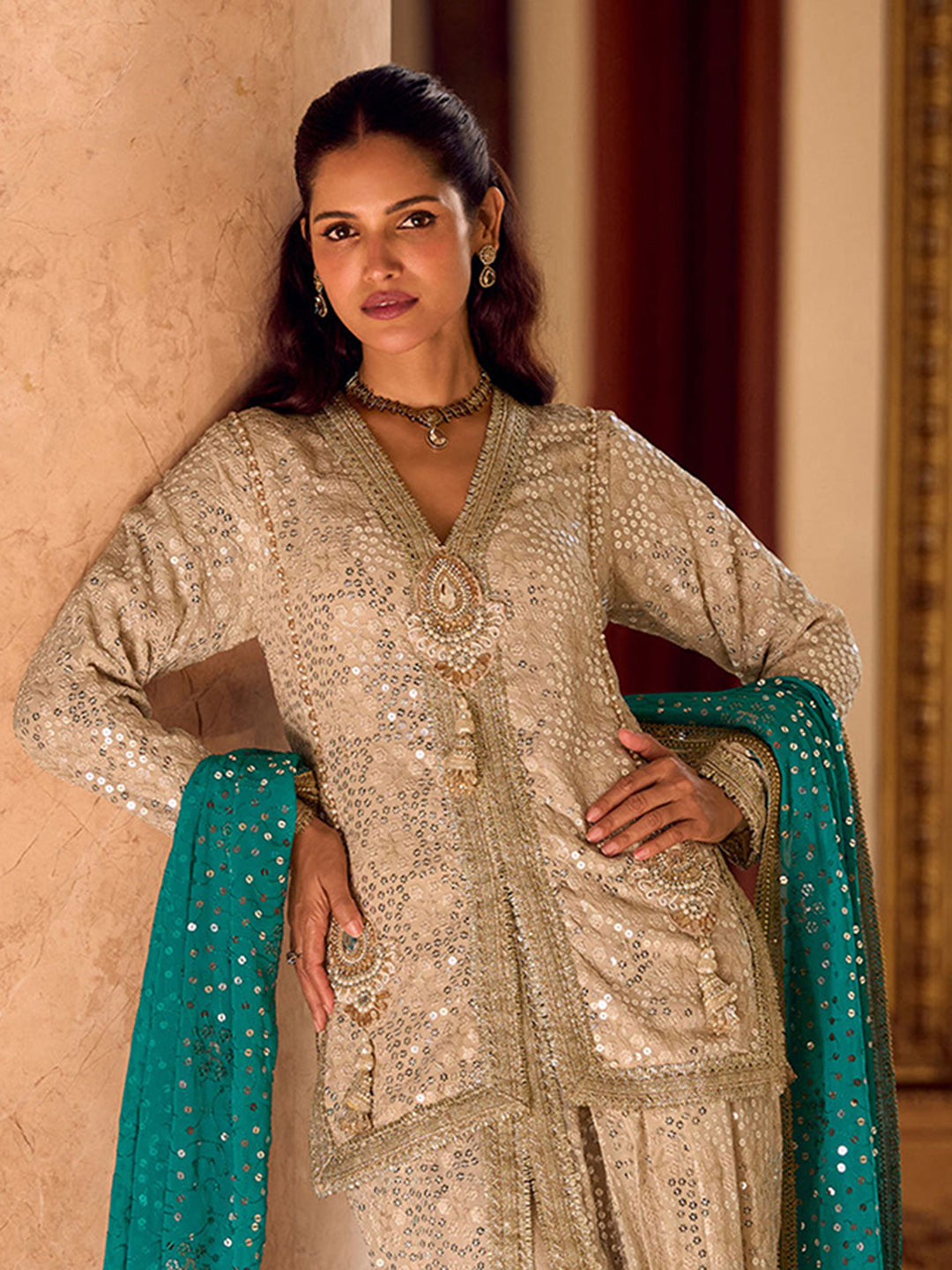Beige Embroidered Georgette Kurta Dhoti Dupatta