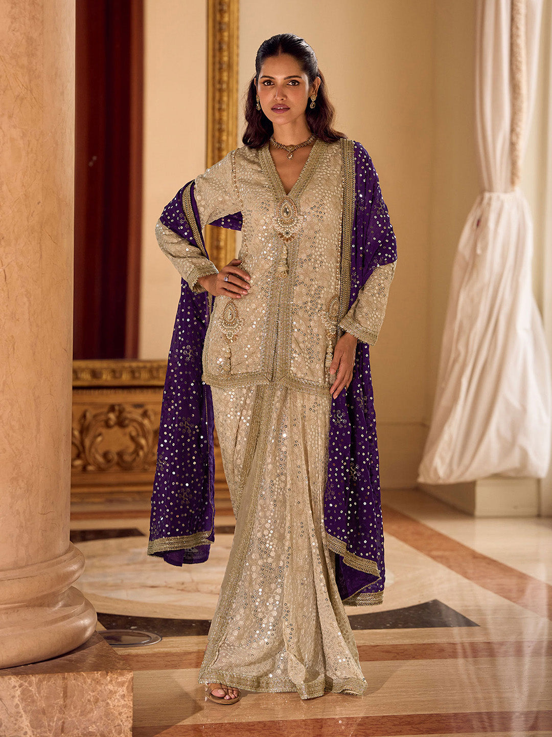 Beige Embroidered Georgette Kurta Dhoti Dupatta