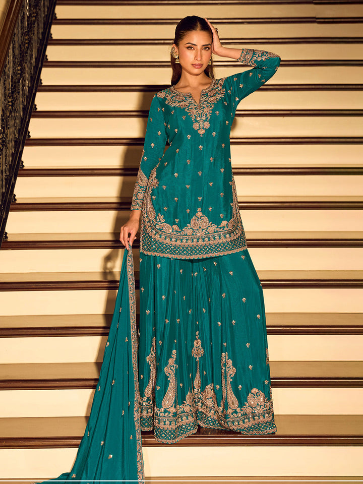 Firozee Embroidered Chinnon Kurta Sharara Dupatta