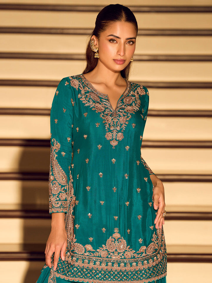 Firozee Embroidered Chinnon Kurta Sharara Dupatta