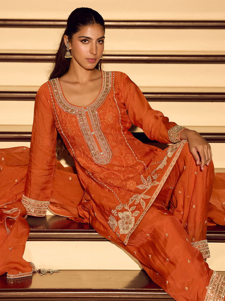 Orange Embroidered Chinnon Kurta Sharara Dupatta