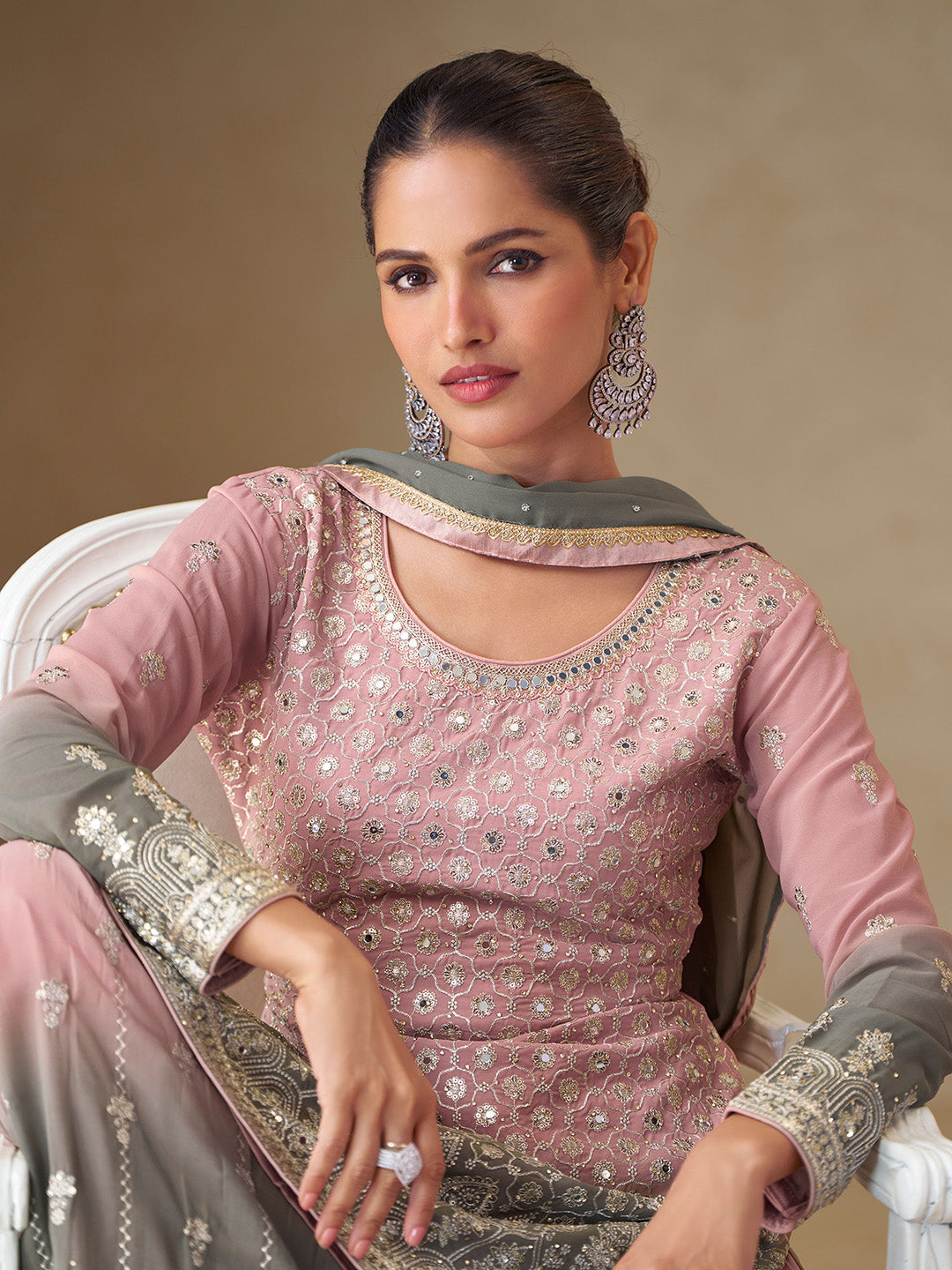 Pink Embroidered Georgette Kurta Palazzo Dupatta