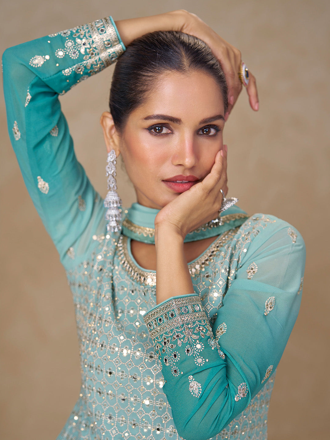 Sky Blue Embroidered Georgette Kurta Palazzo Dupatta