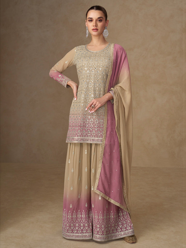 Beige Georgette Embroidered Kurta Palazzo With Dupatta