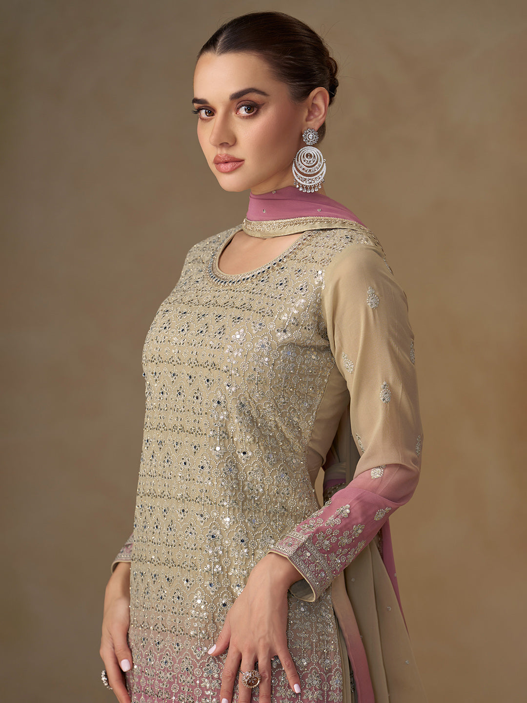 Beige Georgette Embroidered Kurta Palazzo With Dupatta