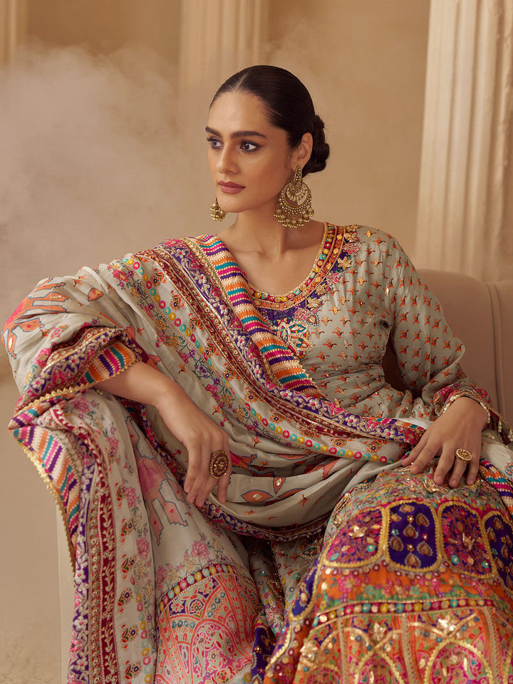 Multi-Colored Embroidered Creape Kurta Palazzo Dupatta