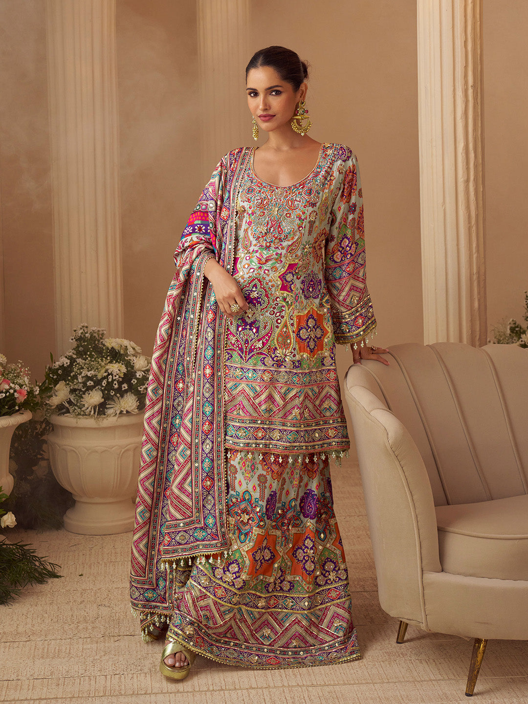 Multi-Colored Embroidered Creape Kurta Palazzo Dupatta