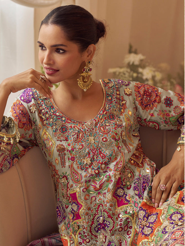 Multi-Colored Embroidered Creape Kurta Palazzo Dupatta