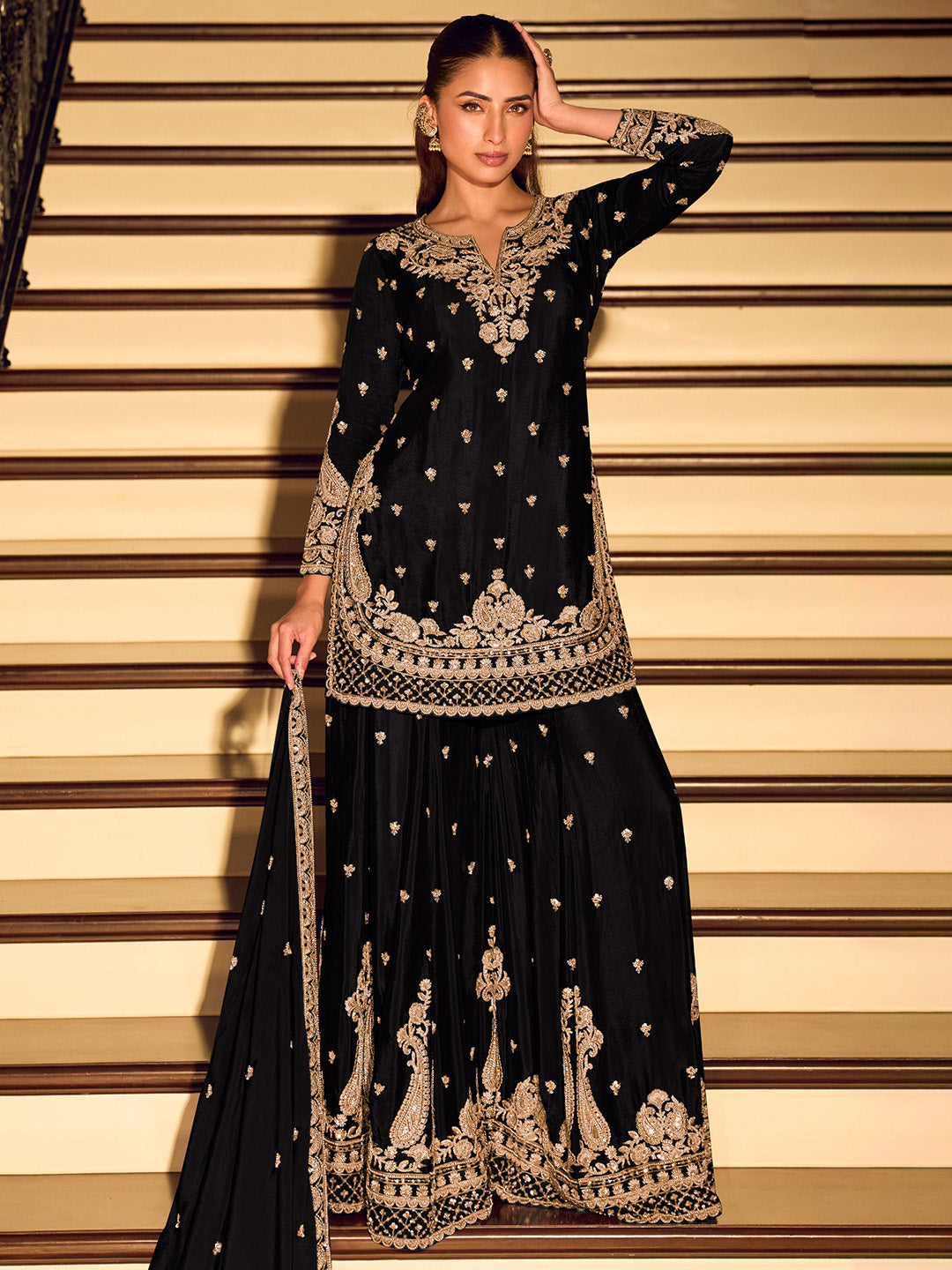 Black Embroidered Chinnon Kurta Sharara Dupatta