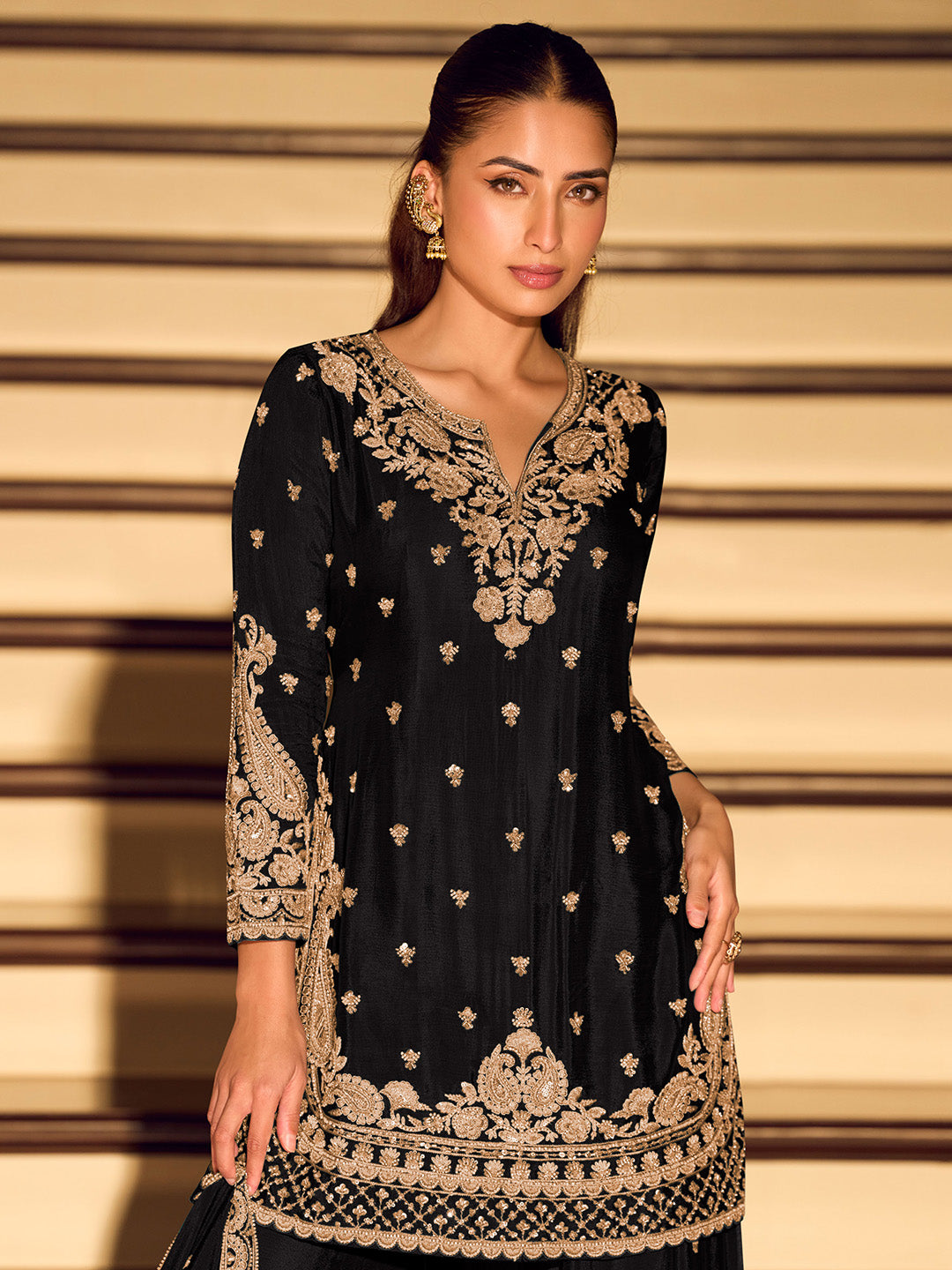 Black Embroidered Chinnon Kurta Sharara Dupatta