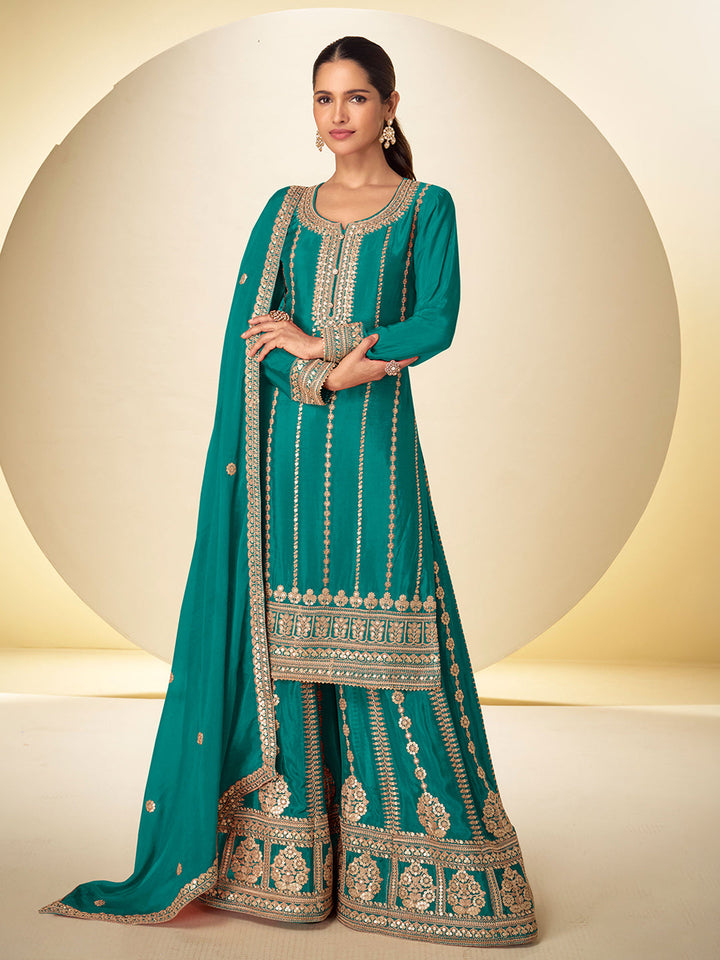 Teal Blue Chinon Embroidered Kurta Palazzo With Dupatta