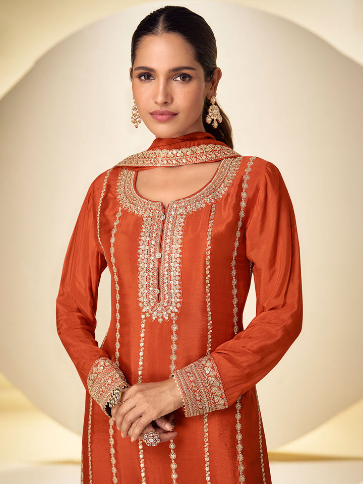 Orange Chinon Embroidered Kurta Palazzo With Dupatta