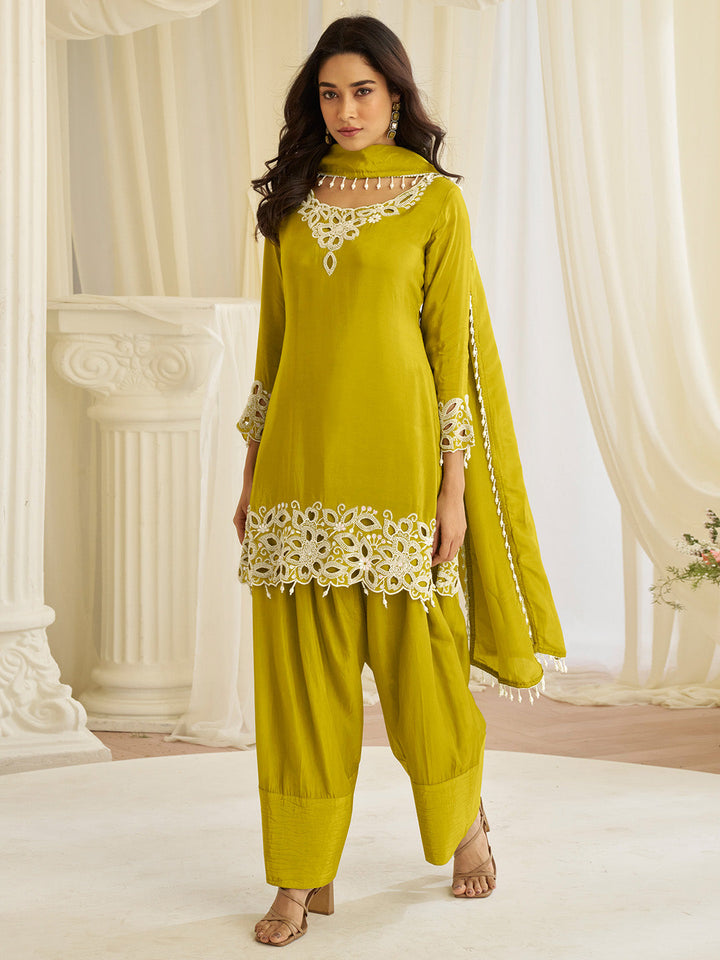 Yellow Embroidered Creape Kurta Salwar Dupatta