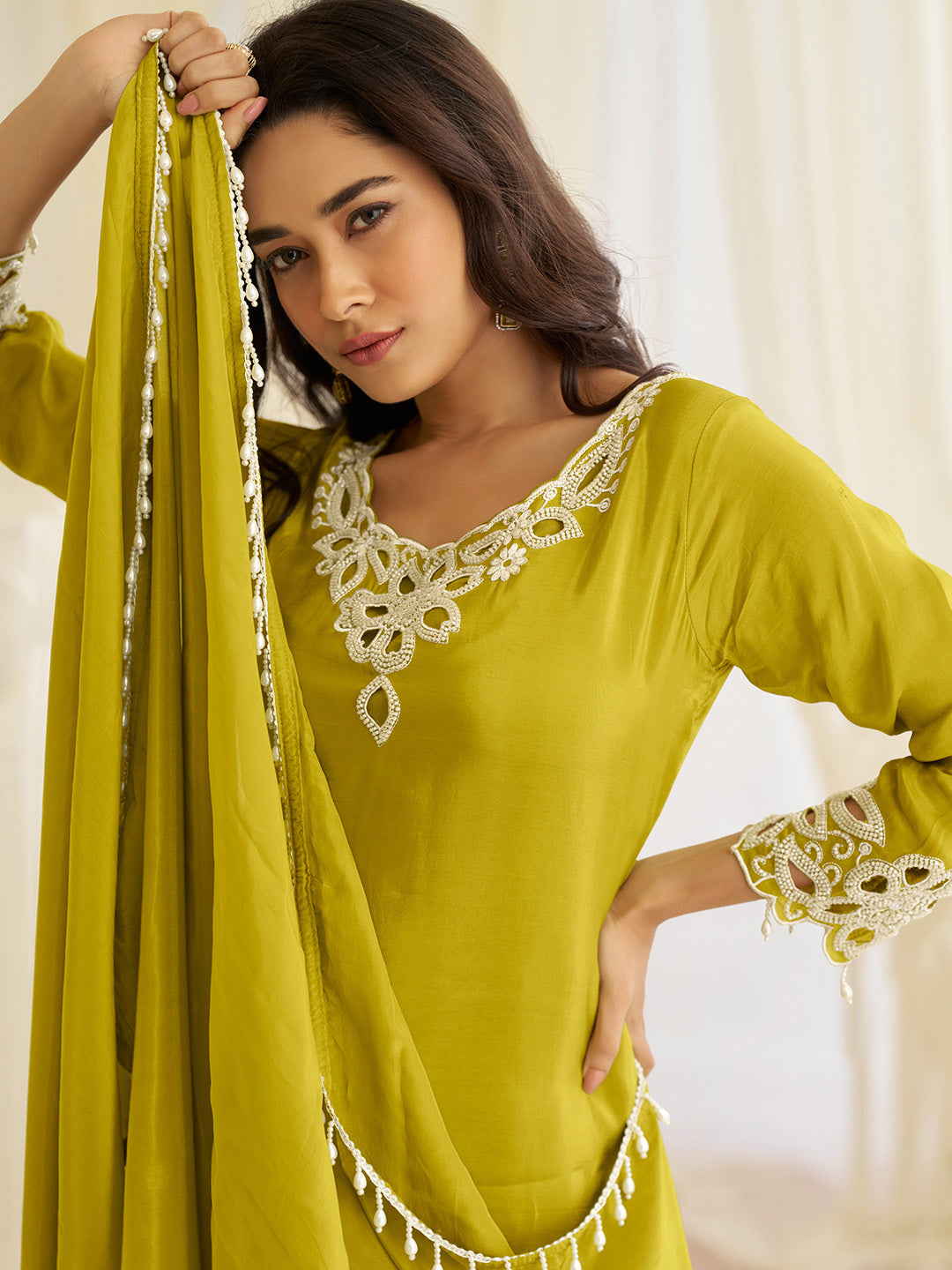 Yellow Embroidered Creape Kurta Salwar Dupatta