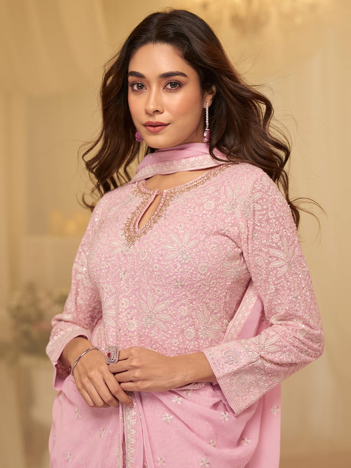 Pink Georgette Embroidered Kurta Sharara With Dupatta