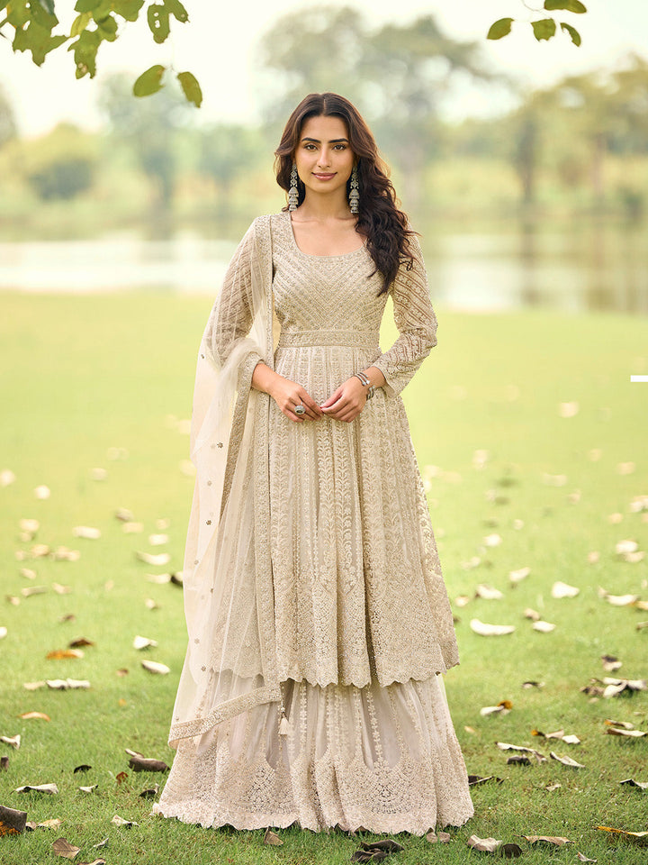 Beige Embroidered Net Kurta Palazzo Dupatta