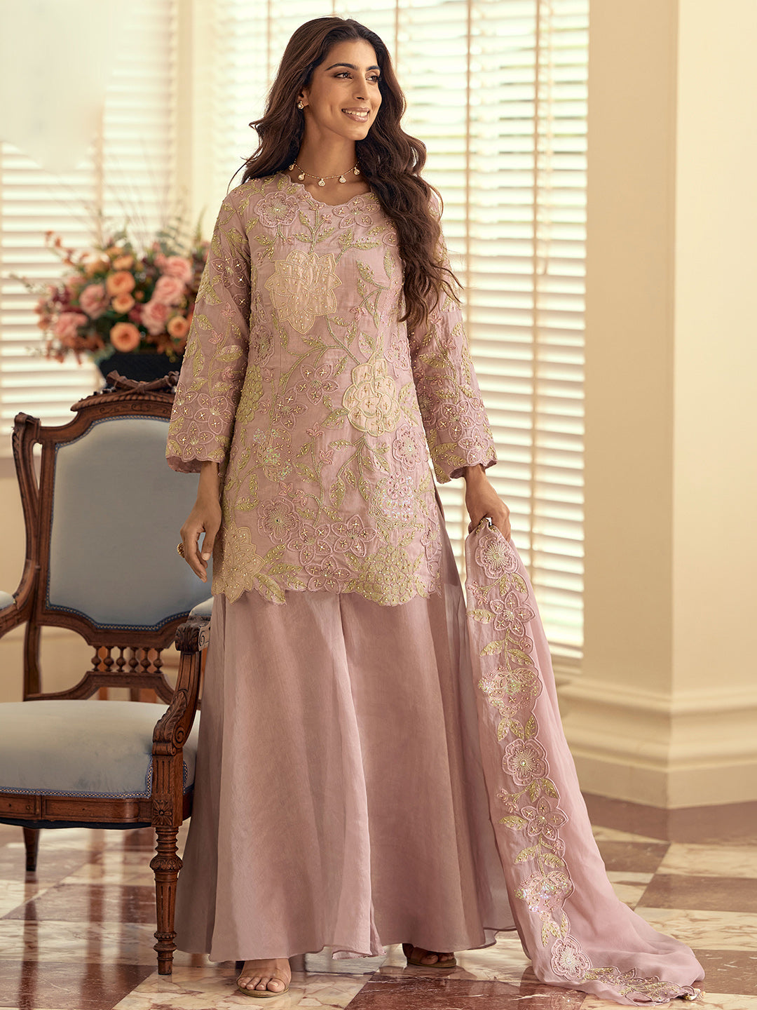 Pink Art Silk Embroidered Kurta Palazzo With Dupatta
