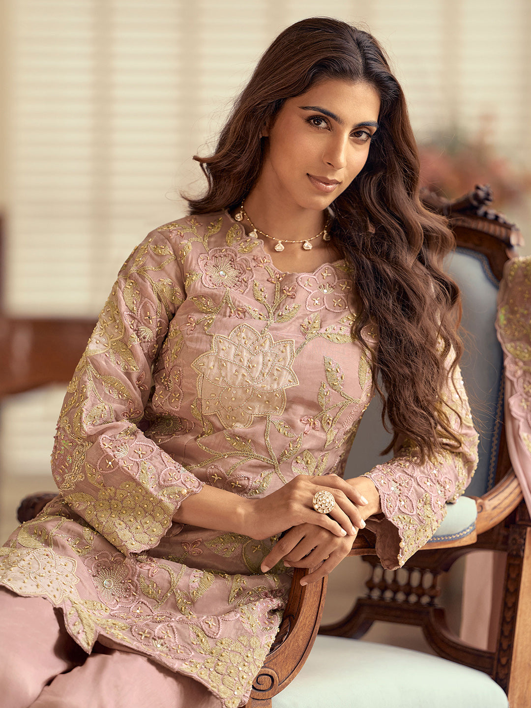Pink Art Silk Embroidered Kurta Palazzo With Dupatta