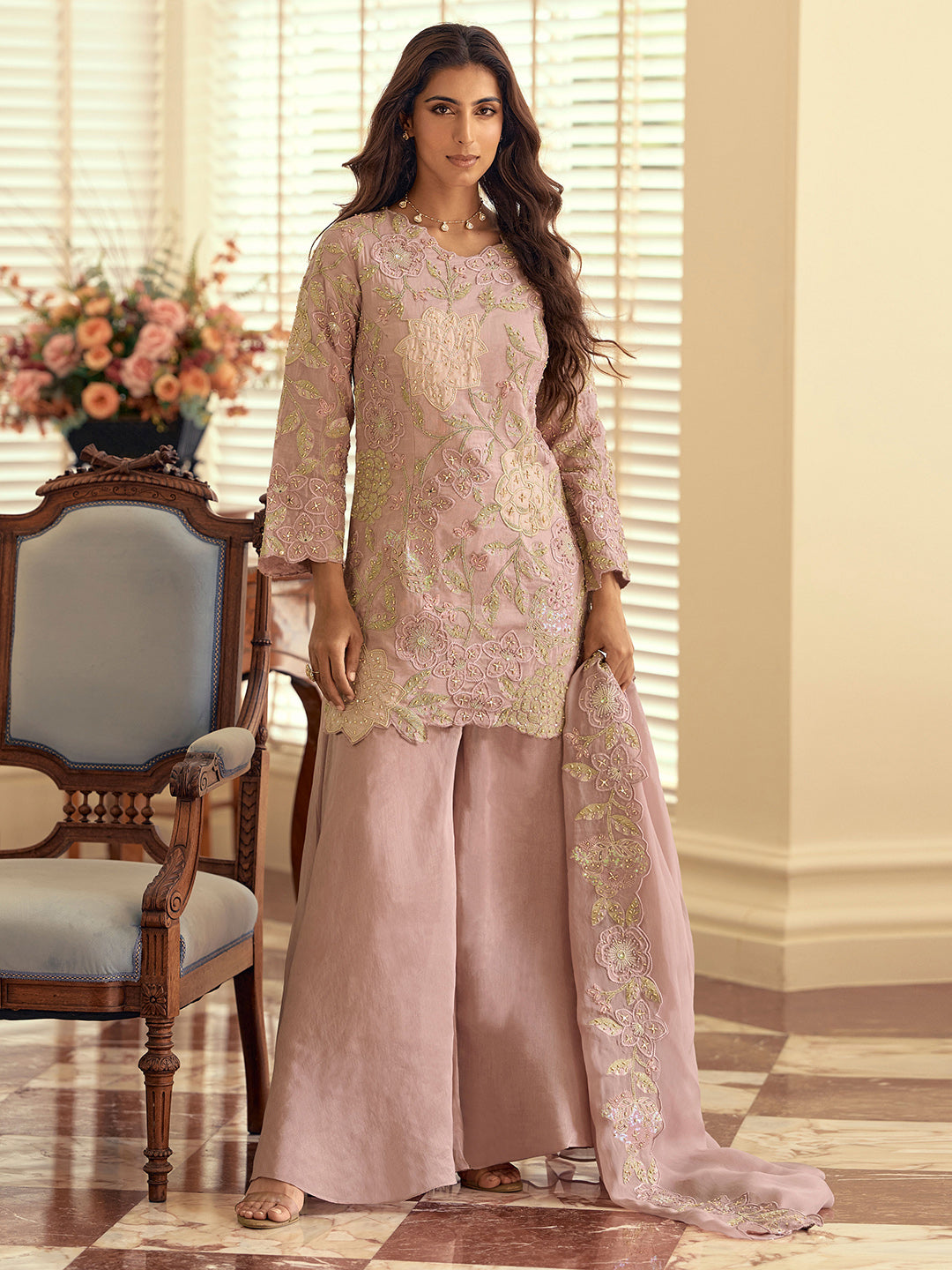 Pink Art Silk Embroidered Kurta Palazzo With Dupatta