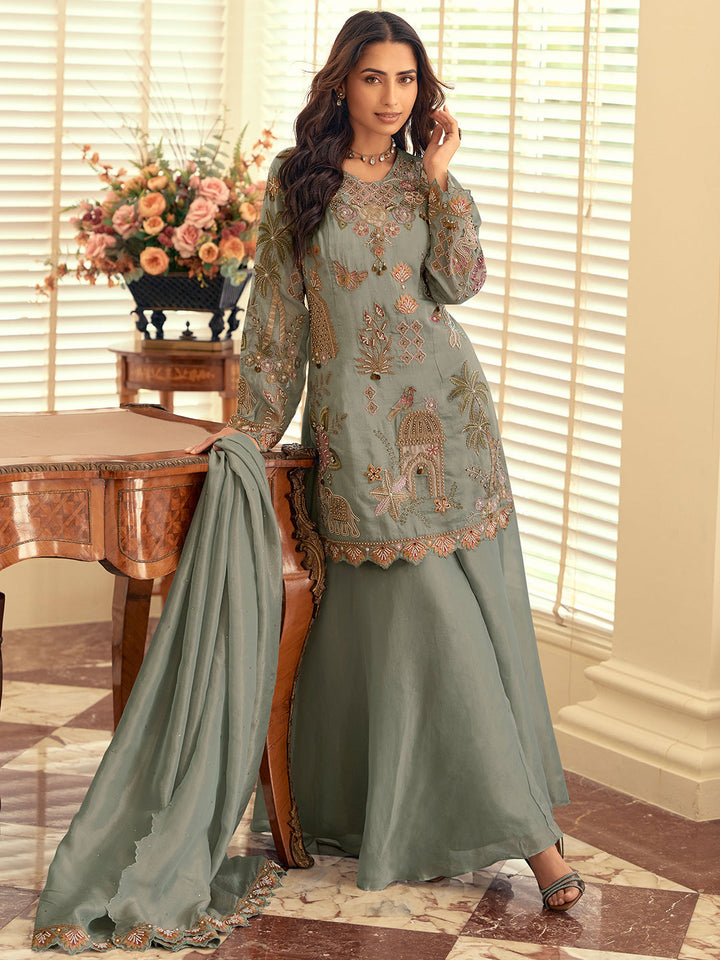 Sea Green Art Silk Embroidered Kurta Palazzo With Dupatta