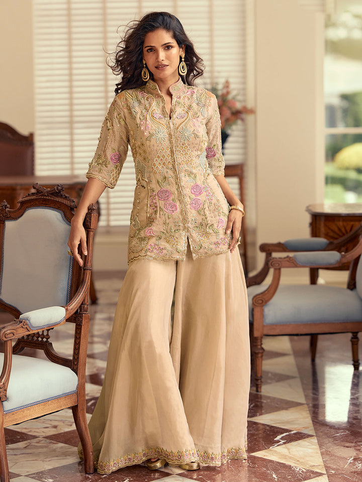 Beige Art Silk Embroidered Kurta Palazzo With Dupatta