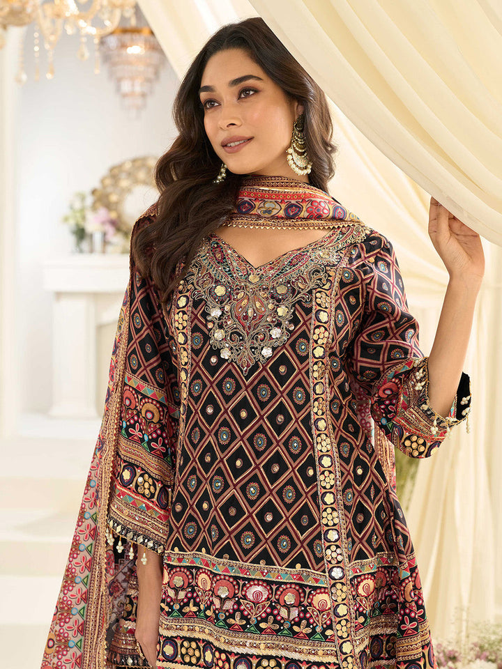 Black Embroidered Creape Kurta Palazzo Dupatta
