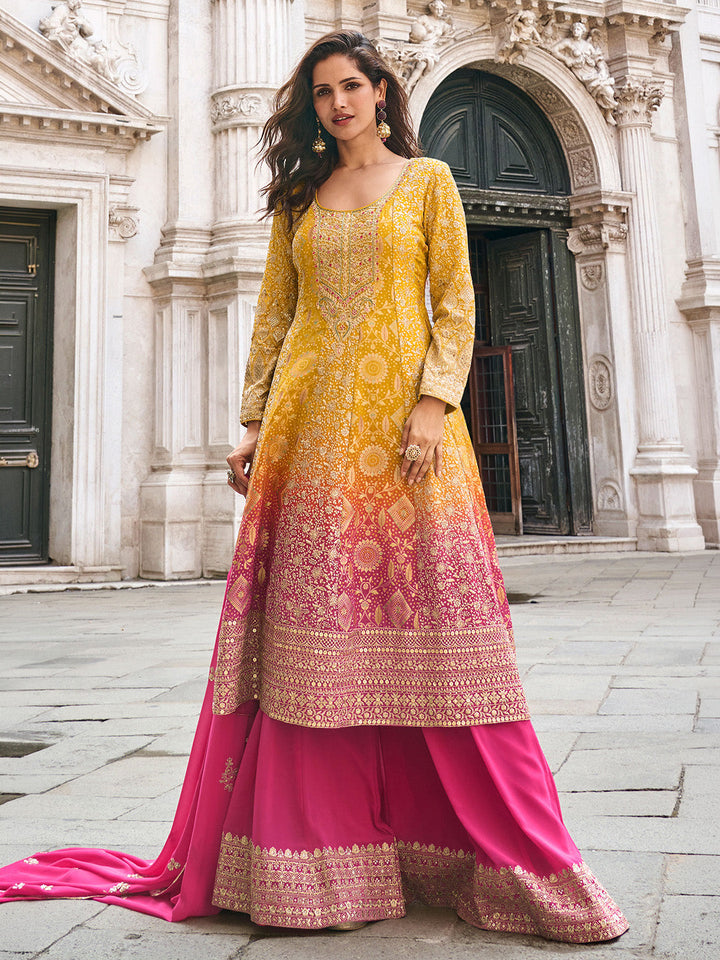Mustard-Pink Art Silk Embroidered Kurta Palazzo With Dupatta