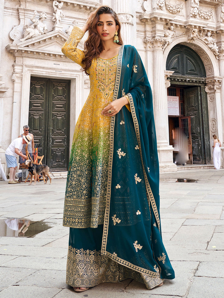 Mustard-Blue Art Silk Embroidered Kurta Palazzo With Dupatta