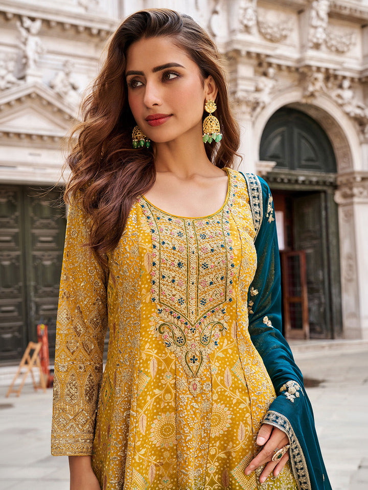 Mustard-Blue Art Silk Embroidered Kurta Palazzo With Dupatta