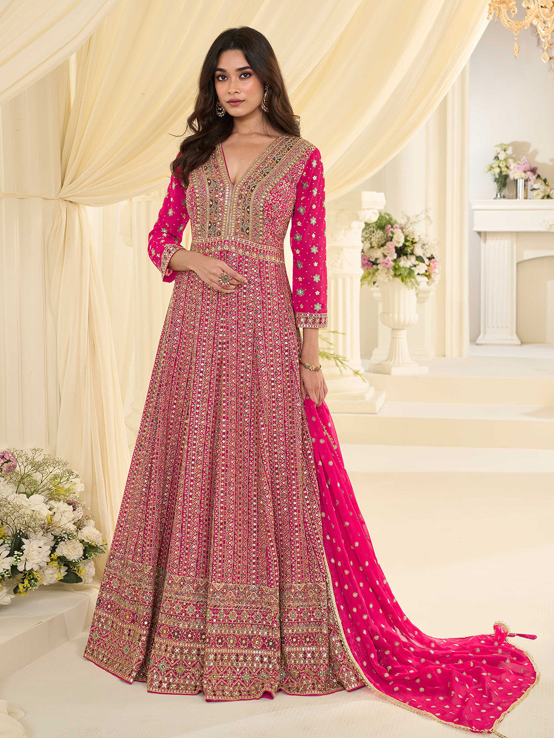 Rani Embroidered Georgette Gown With Dupatta