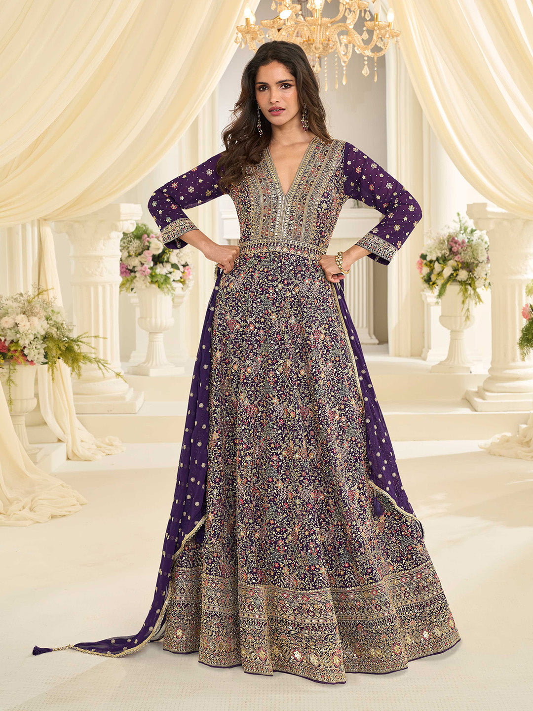 Purple Embroidered Georgette Gown With Dupatta