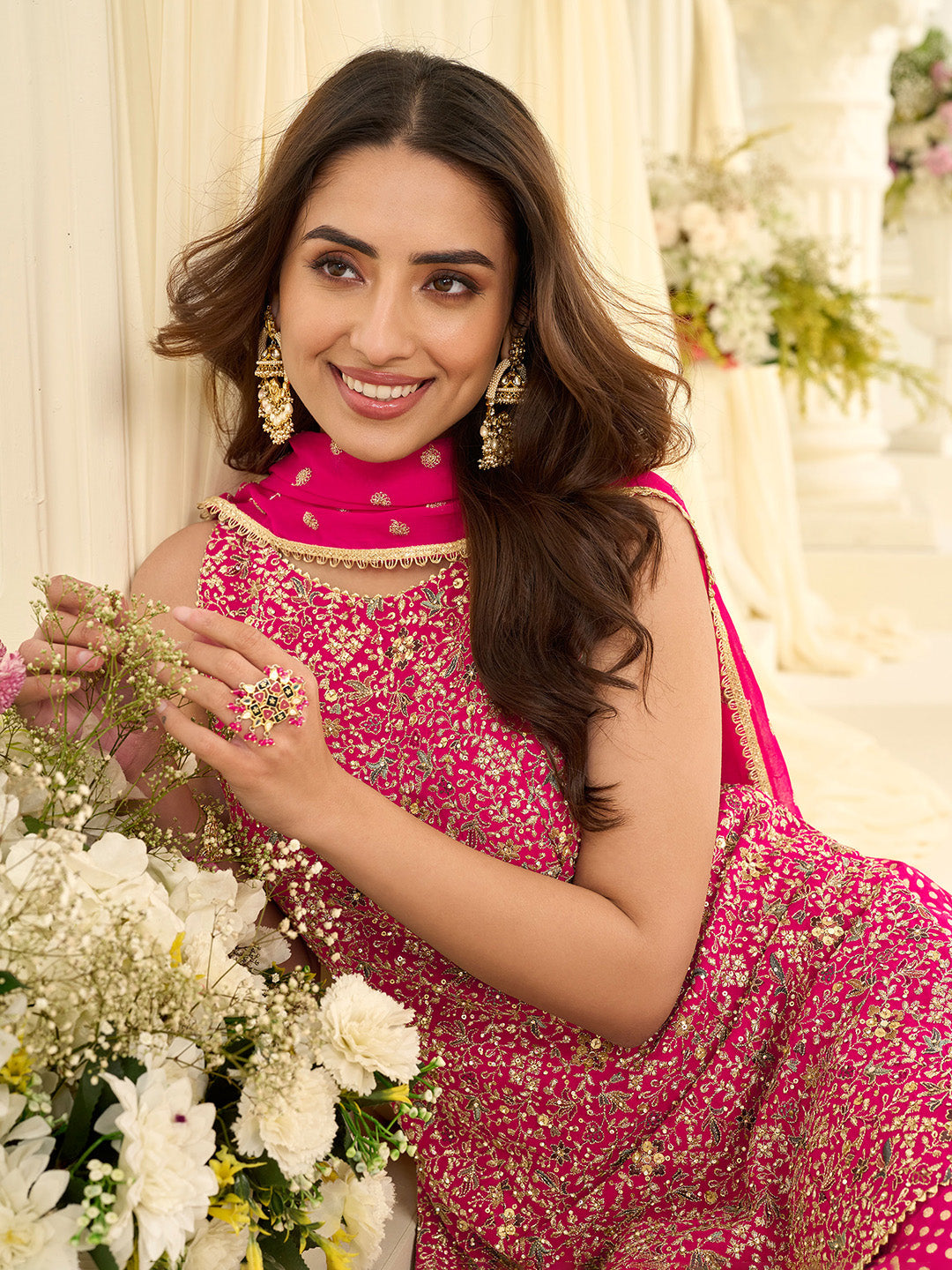 Rani Embroidered Georgette Kurta Sharara Dupatta