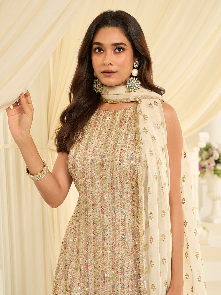 Cream Embroidered Georgette Kurta Sharara Dupatta