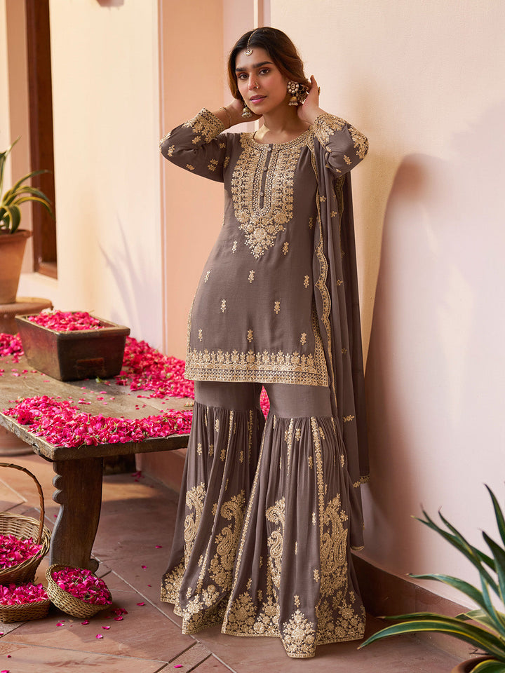Brown Embroidered Chinnon Kurta Sharara Dupatta