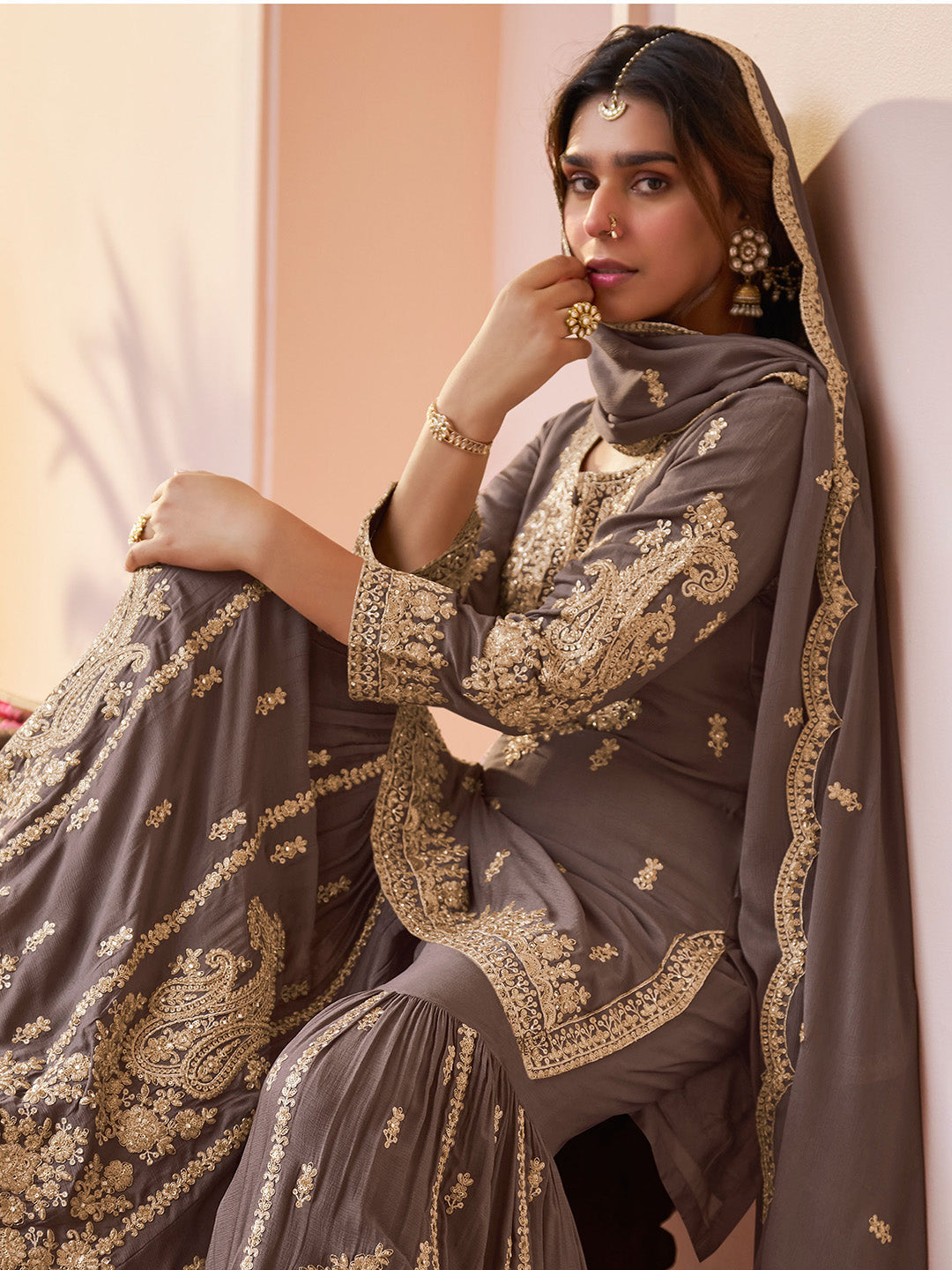 Brown Embroidered Chinnon Kurta Sharara Dupatta