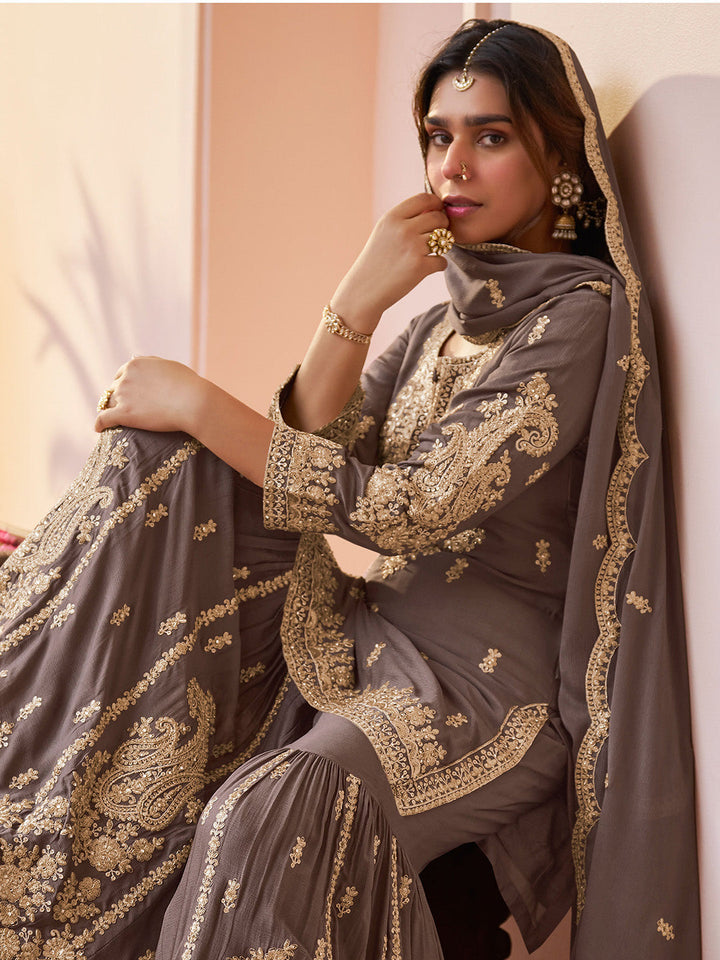 Brown Embroidered Chinnon Kurta Sharara Dupatta