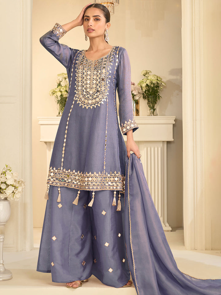 Blue Art Silk Embroidered Kurta Palazzo With Dupatta
