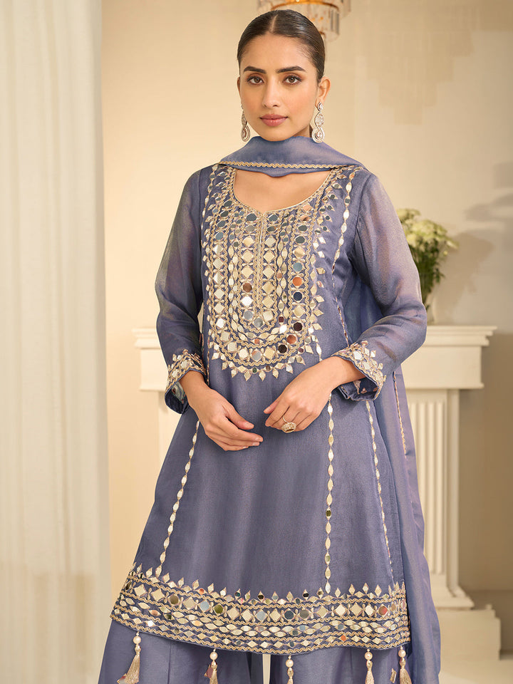 Blue Art Silk Embroidered Kurta Palazzo With Dupatta