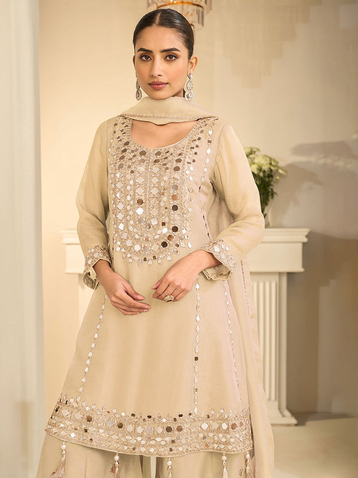 Beige Art Silk Embroidered Kurta Palazzo With Dupatta