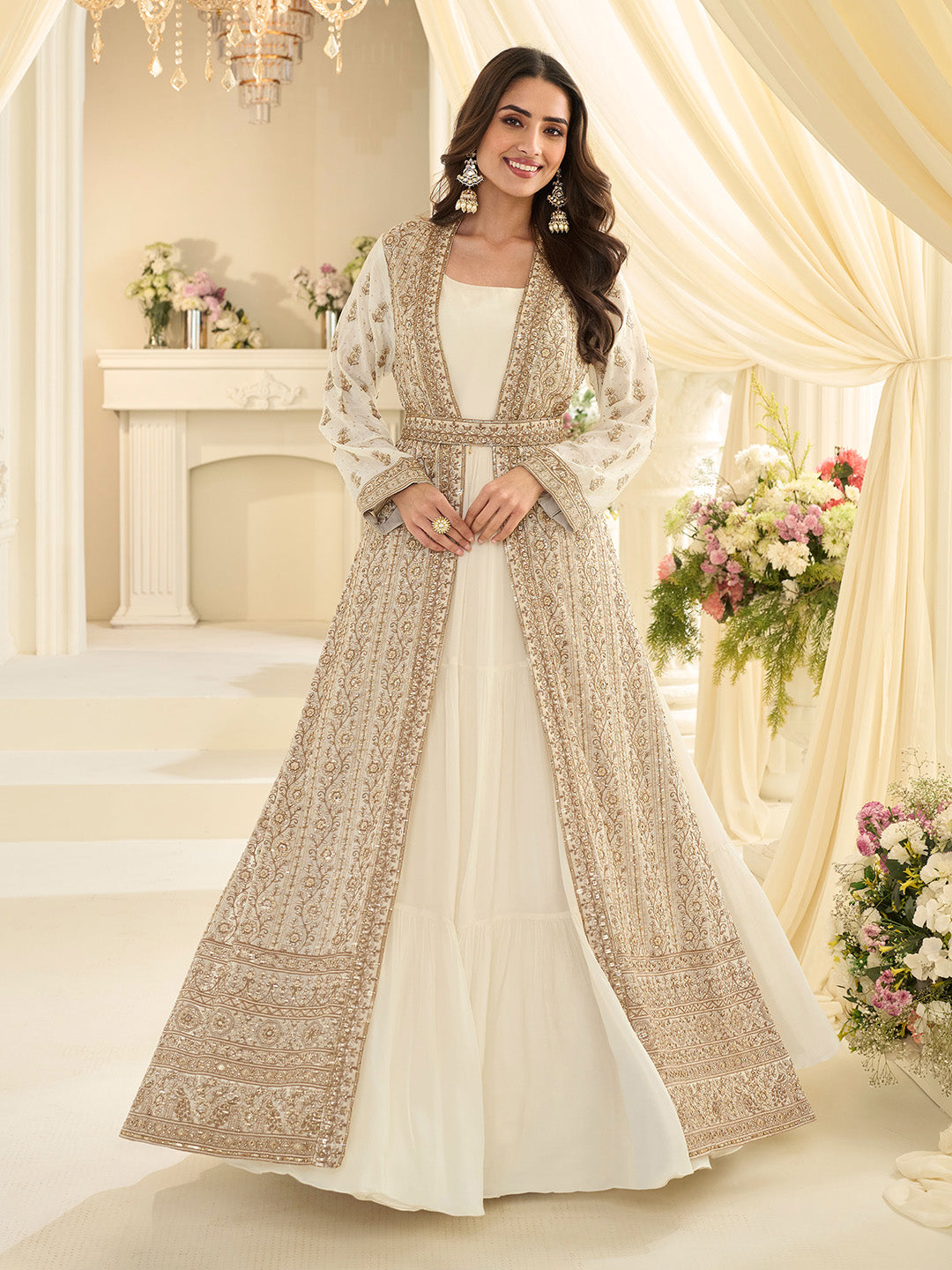 Off White Embroidered Chinnon Gown With Jacket