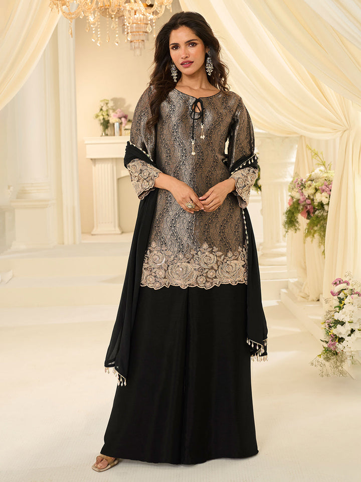 Black Chinon Embroidered Kurta Palazzo With Dupatta