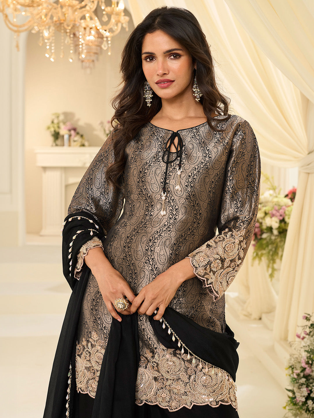 Black Chinon Embroidered Kurta Palazzo With Dupatta