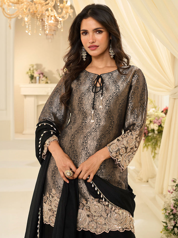 Black Chinon Embroidered Kurta Palazzo With Dupatta