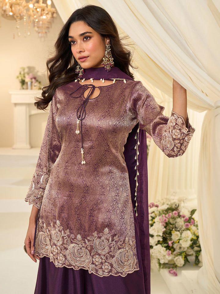 Purple Chinon Embroidered Kurta Palazzo With Dupatta