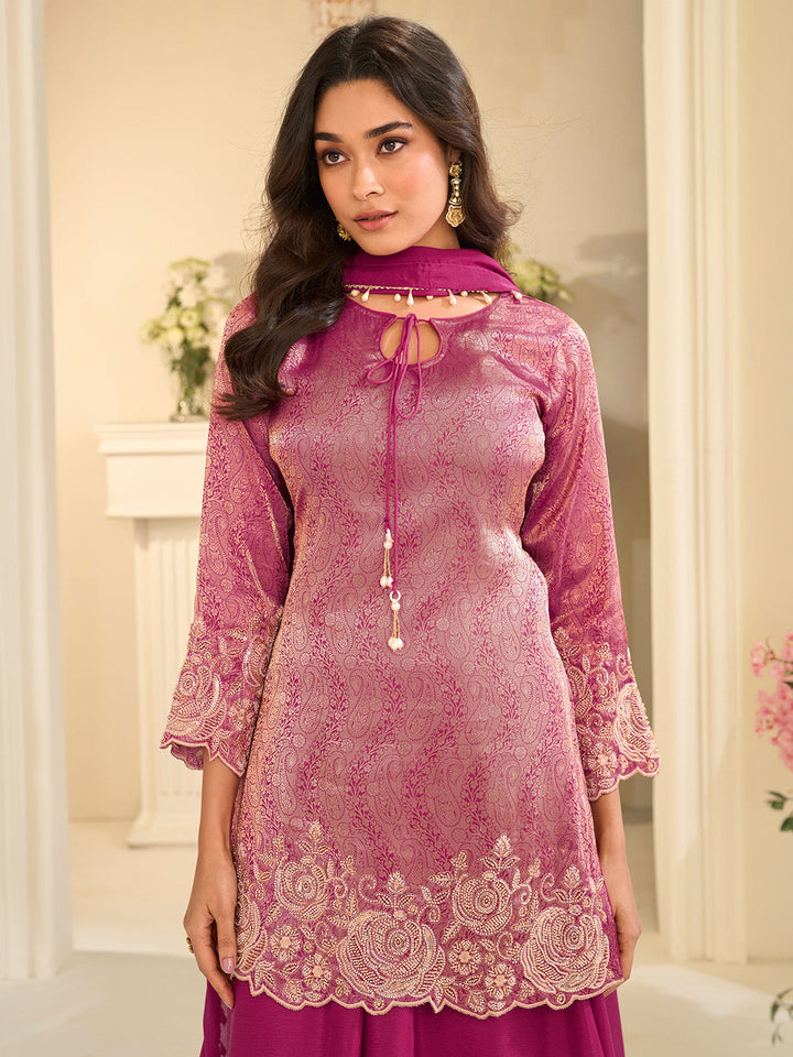 Rani Chinon Embroidered Kurta Palazzo With Dupatta