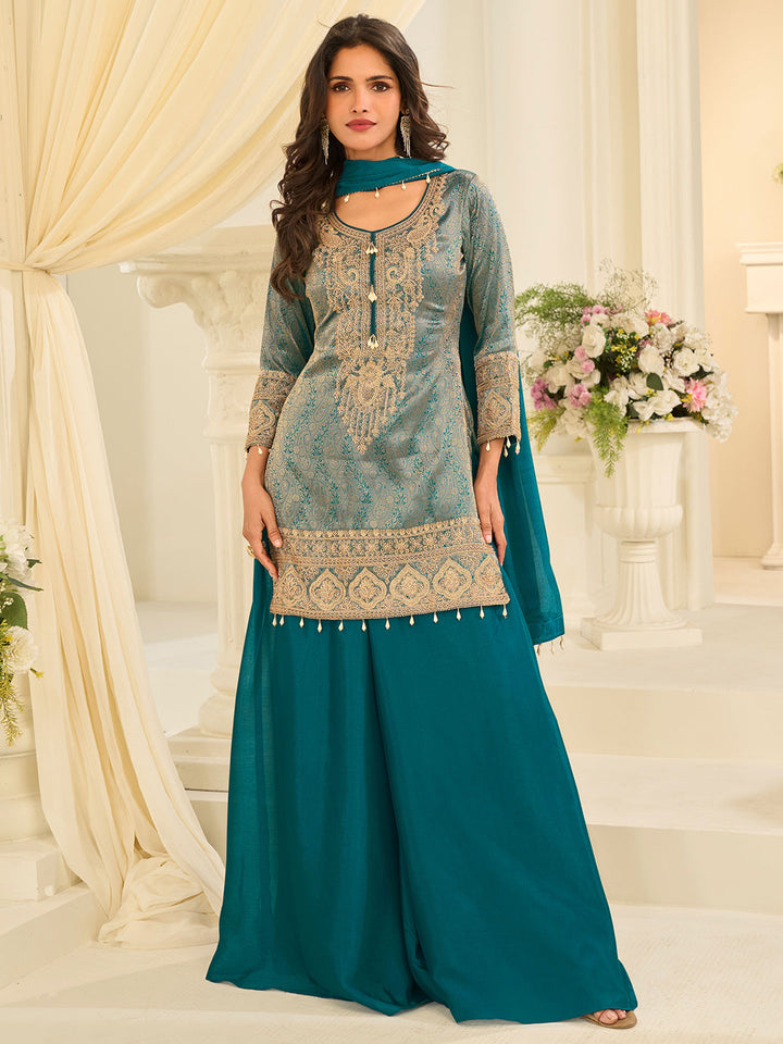 Turquoise Chinon Embroidered Kurta Palazzo With Dupatta