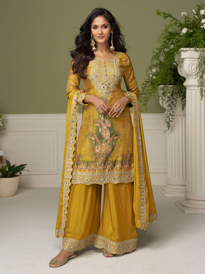 Mustard Chinon Embroidered Kurta Palazzo With Dupatta