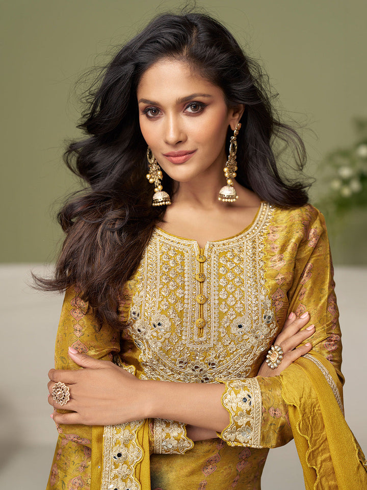 Mustard Chinon Embroidered Kurta Palazzo With Dupatta